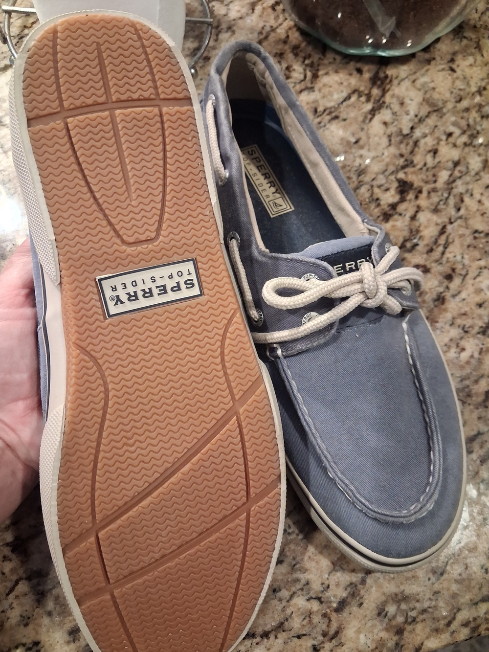 Sperry Gray Canvas Men’s Boat Shoes with Cream Laces 9.5